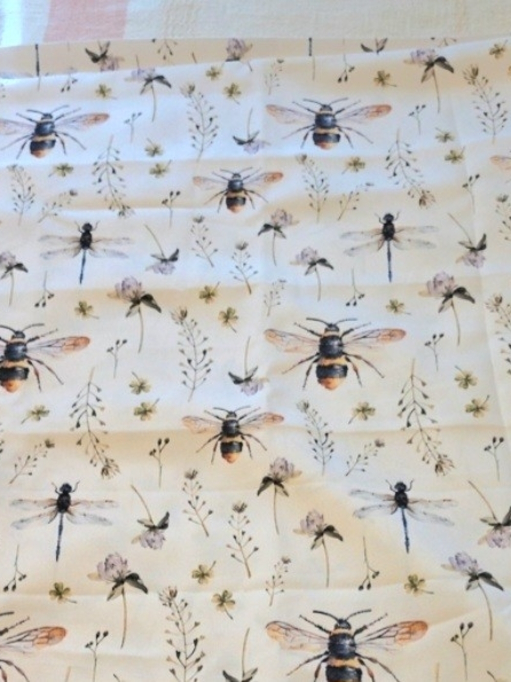 Floral Bee & Dragonfly Cotton Bedding Panel in Cream